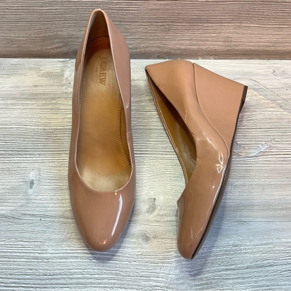 J. Crew Sylvia neutral taupe patent almond toe wedge heels size 11 - Picture 2 of 12